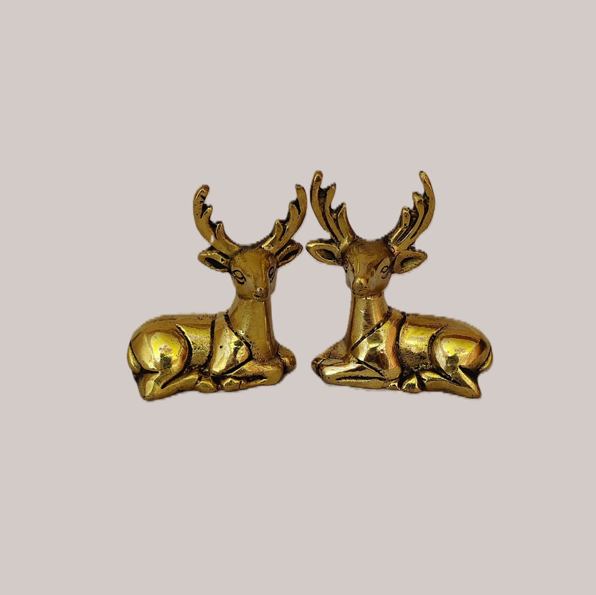 Handcrafted Brass Sitting Deer Pair with Antlers | Vastu Feng Shui Gentle Reindeer Showpiece Set for Home, Office, Table Decor & Auspicious Gifting