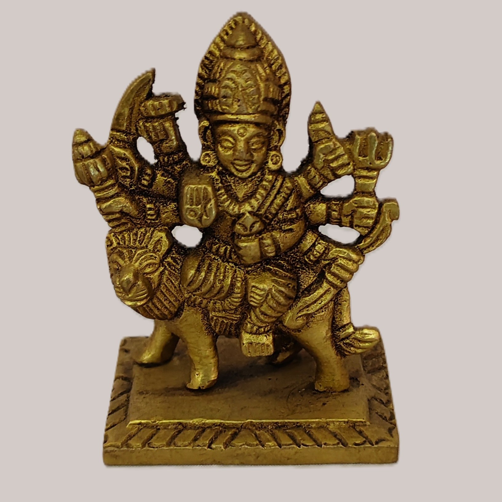 Handcrafted Small Brass Durga Maa Idol on Lion | Vastu Ashtabhuja Mahishasuramardini Devi Statue for Car Dashboard, Travel Puja, Protection & Navratri Gifting - Image 2