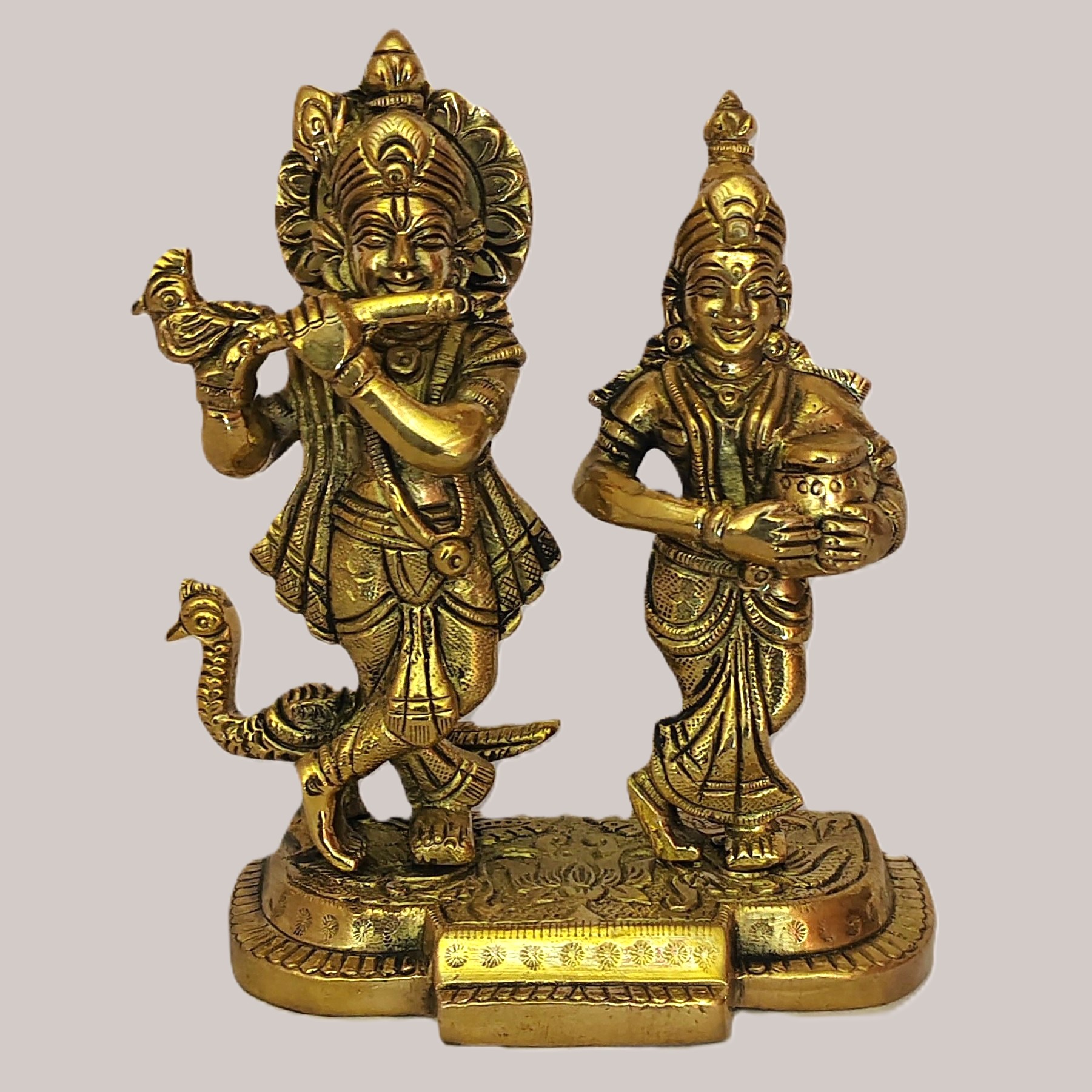 Handcrafted Brass Radha Krishna Idol with Peacock – Decorative Statue for Home, Temple, Pooja, Gift Item, Golden Finish - Image 2