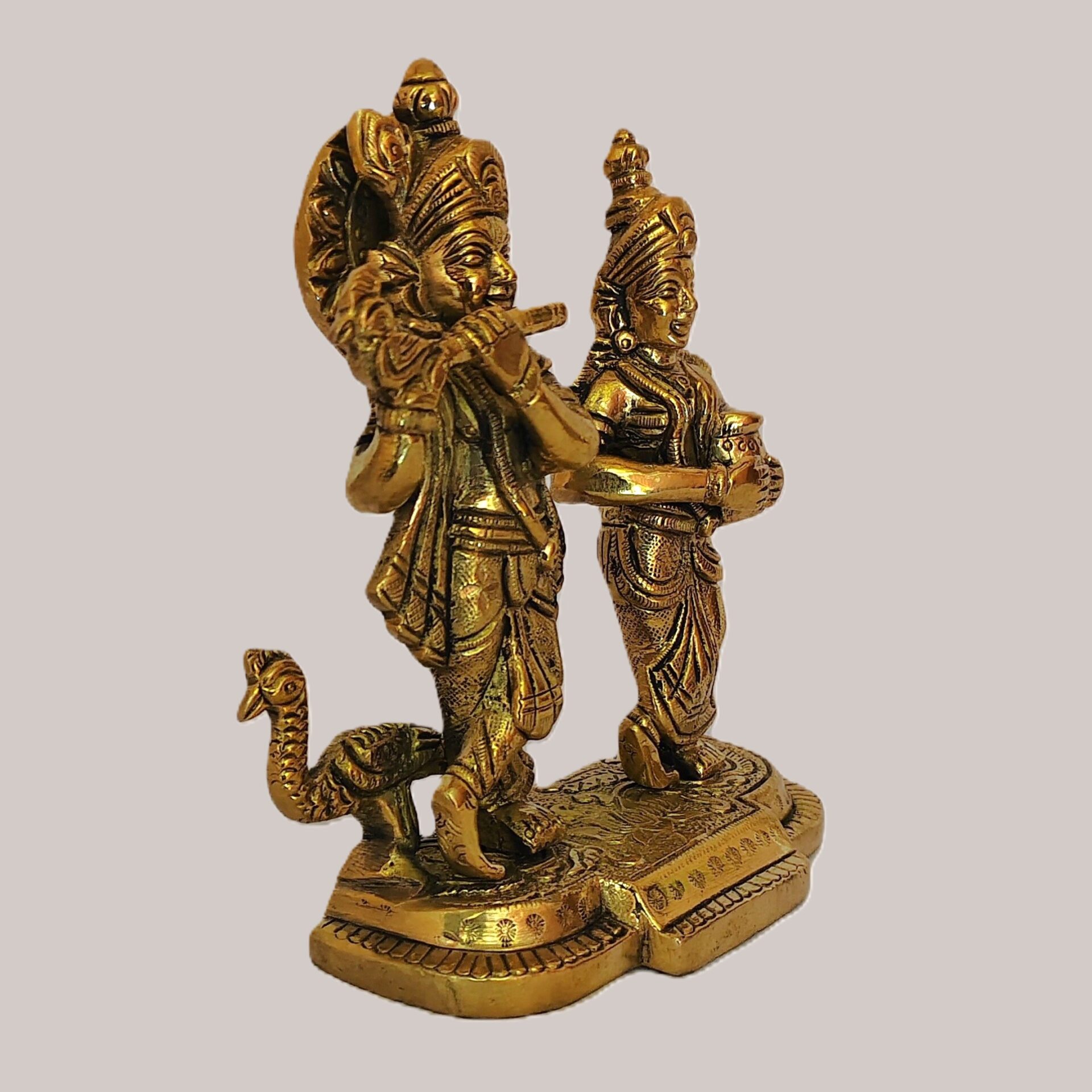 Handcrafted Brass Radha Krishna Idol with Peacock – Decorative Statue for Home, Temple, Pooja, Gift Item, Golden Finish - Image 3