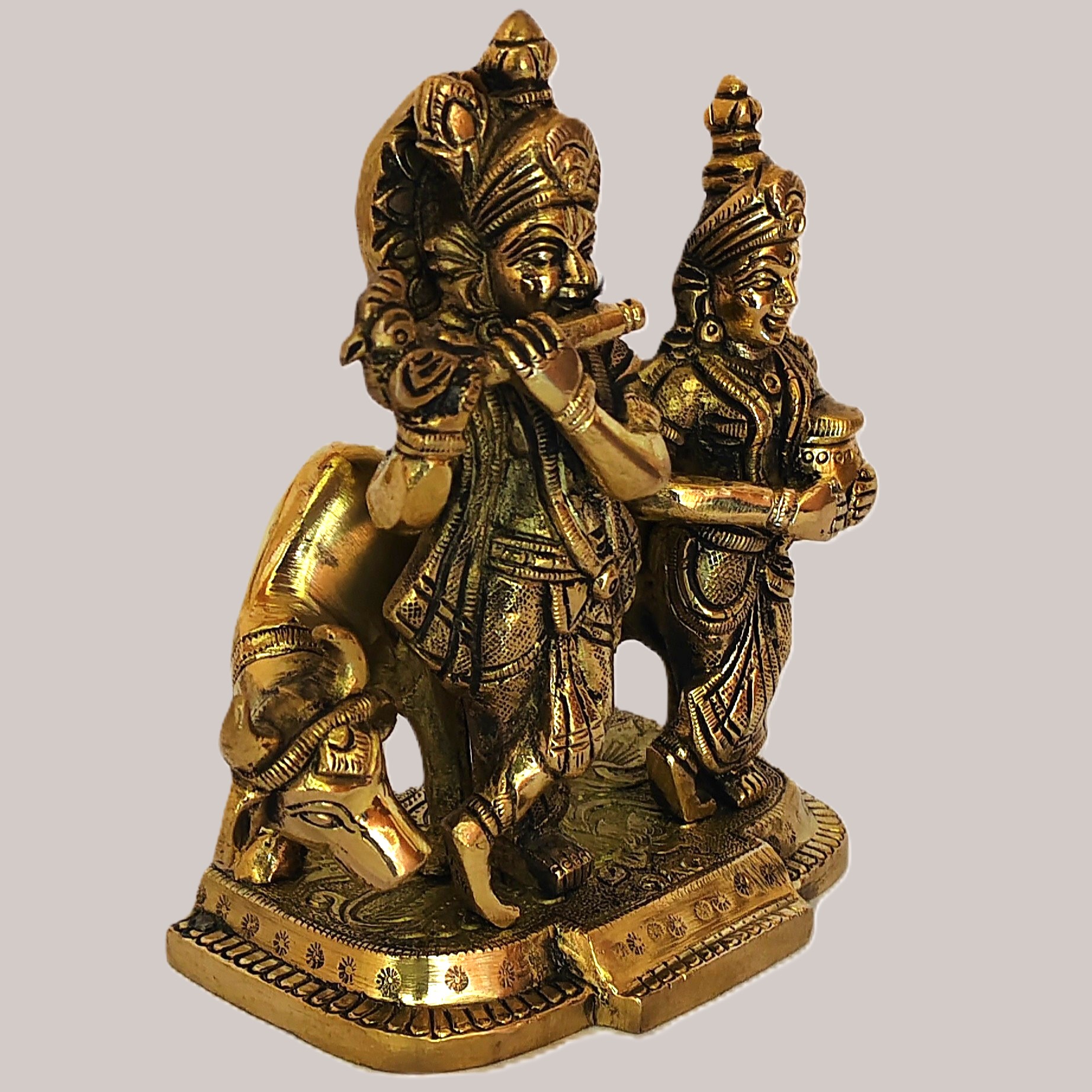 Handcrafted Brass Radha Krishna Idol with Cow – Decorative Statue for Home Temple, Pooja, Spiritual Decor & Gift Item (Golden Finish) - Image 2