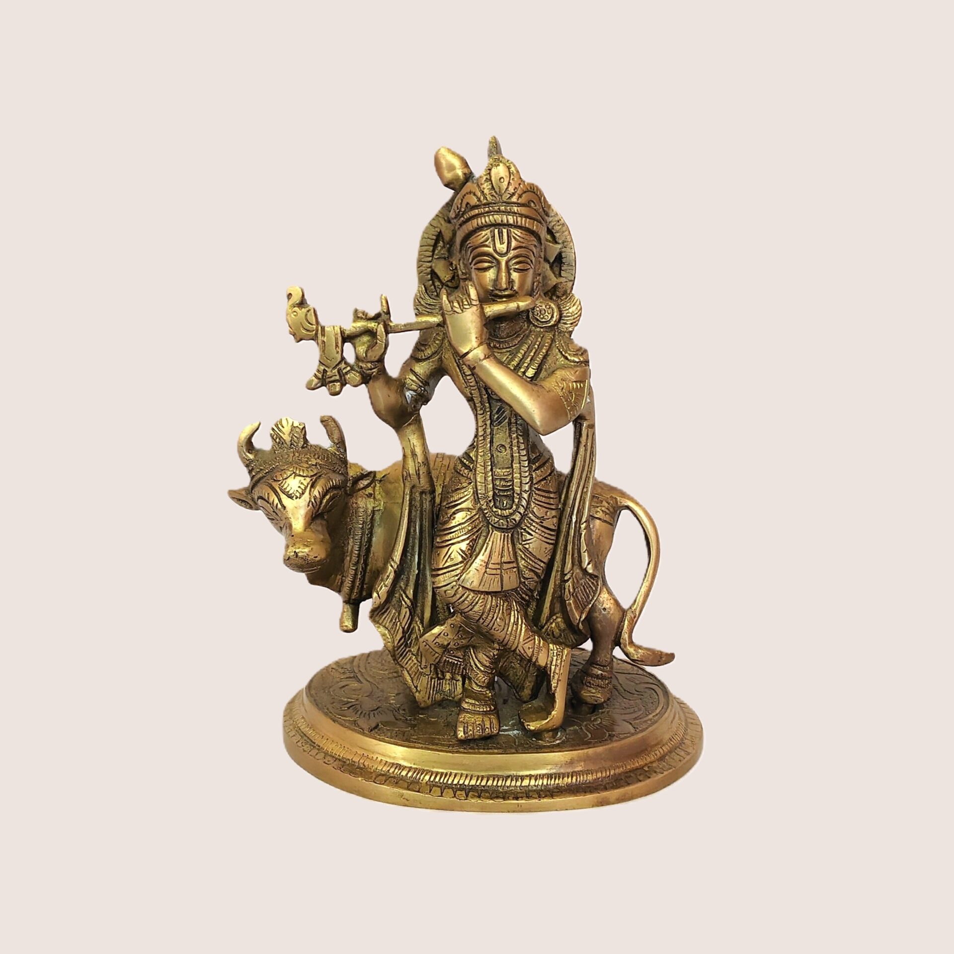 Handcrafted Brass Lord Krishna Idol with Cow Playing Flute | Vastu Gopal Murti for Home Temple, Pooja Room, Office Decor & Auspicious Devotional Gifting