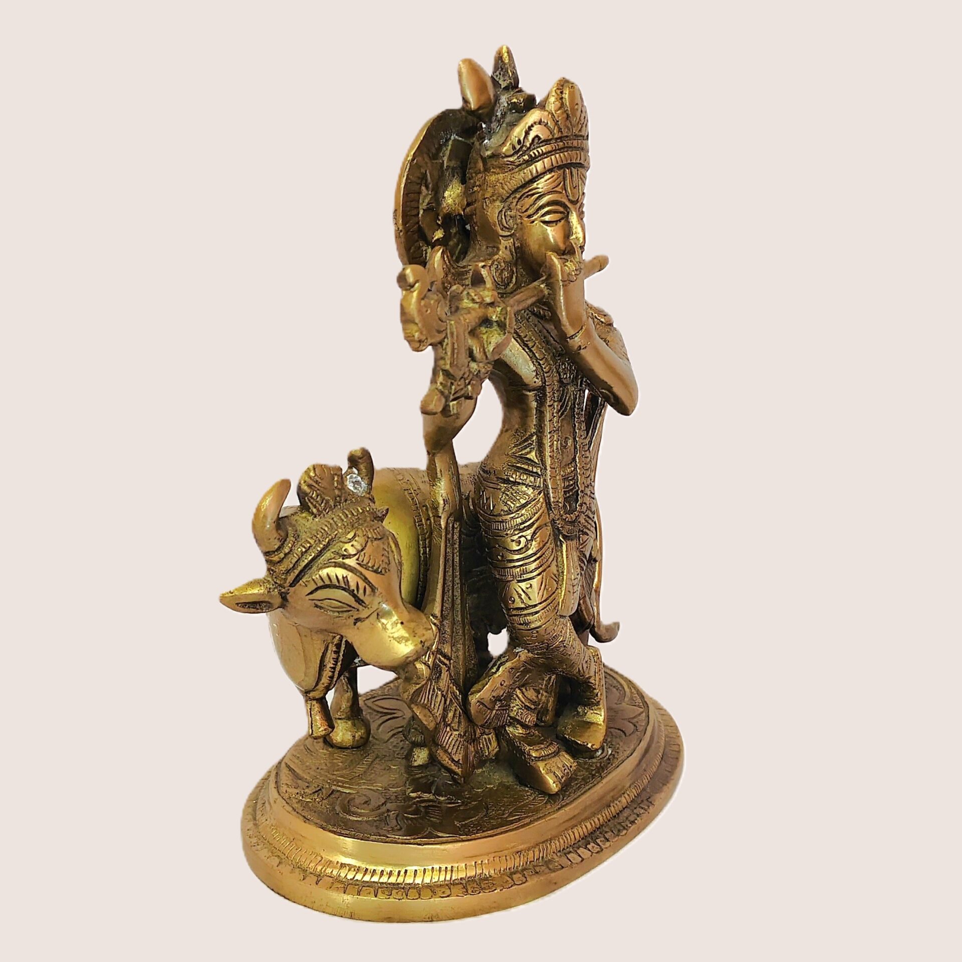 Handcrafted Brass Lord Krishna Idol with Cow Playing Flute | Vastu Gopal Murti for Home Temple, Pooja Room, Office Decor & Auspicious Devotional Gifting - Image 2