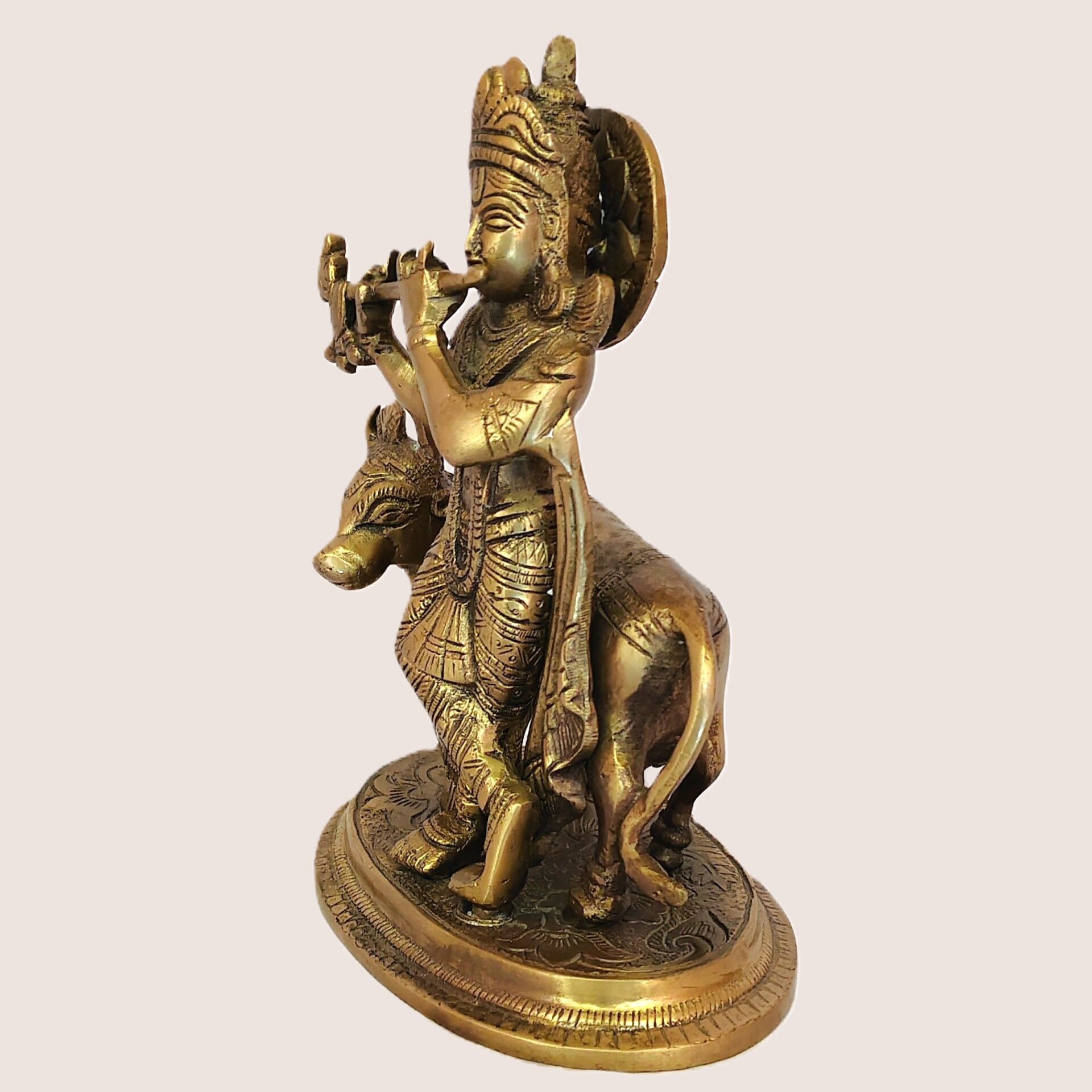 Handcrafted Brass Lord Krishna Idol with Cow Playing Flute | Vastu Gopal Murti for Home Temple, Pooja Room, Office Decor & Auspicious Devotional Gifting - Image 3