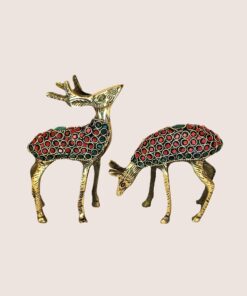 Handcrafted Brass Deer Pair with Red & Green Stone Inlay | Vastu Feng Shui Graceful Reindeer Showpiece Set for Home, Office Decor & Auspicious Gifting