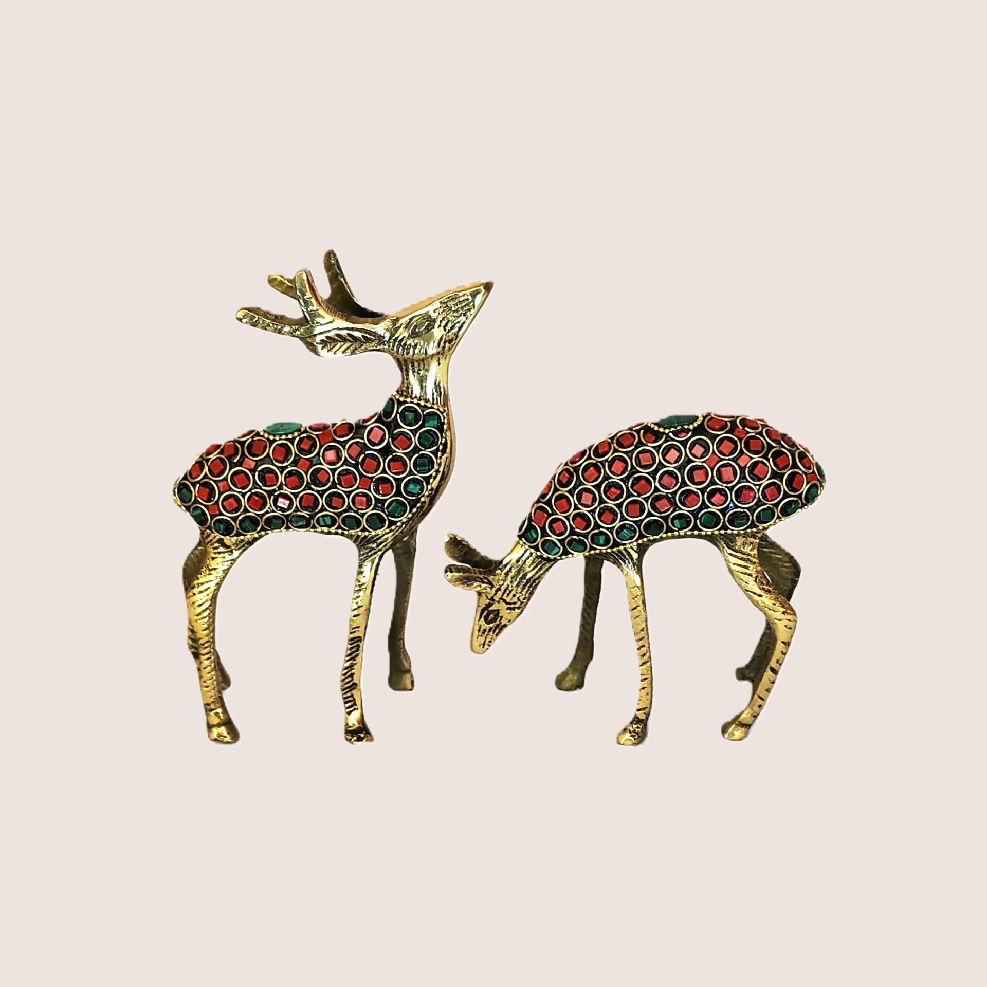 Handcrafted Brass Deer Pair with Red & Green Stone Inlay | Vastu Feng Shui Graceful Reindeer Showpiece Set for Home, Office Decor & Auspicious Gifting