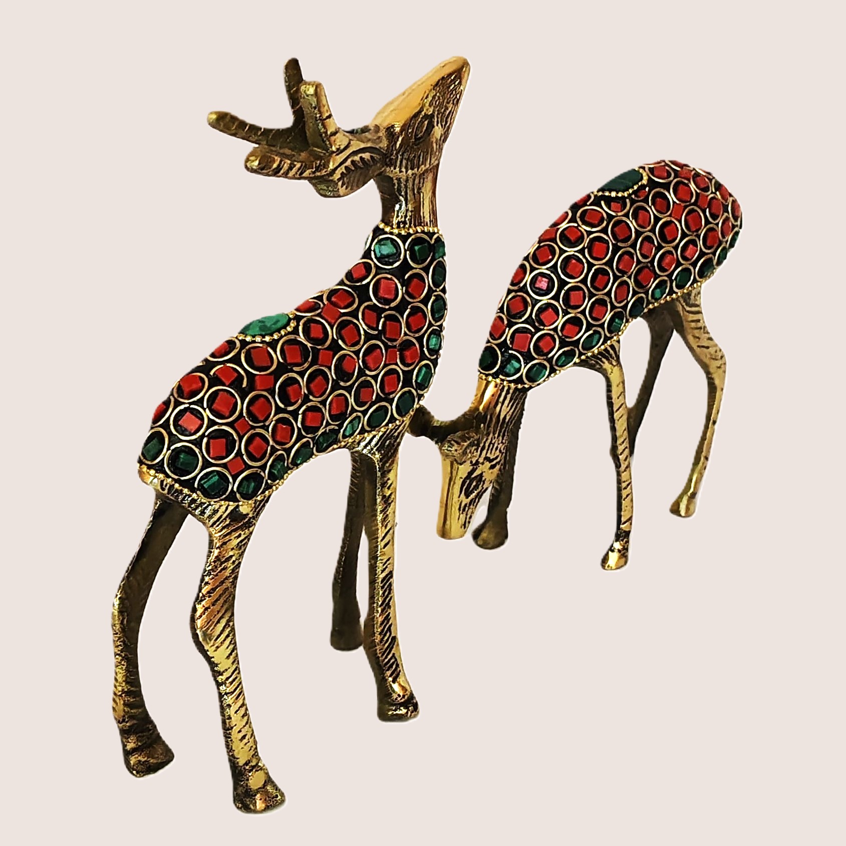 Handcrafted Brass Deer Pair with Red & Green Stone Inlay | Vastu Feng Shui Graceful Reindeer Showpiece Set for Home, Office Decor & Auspicious Gifting - Image 2