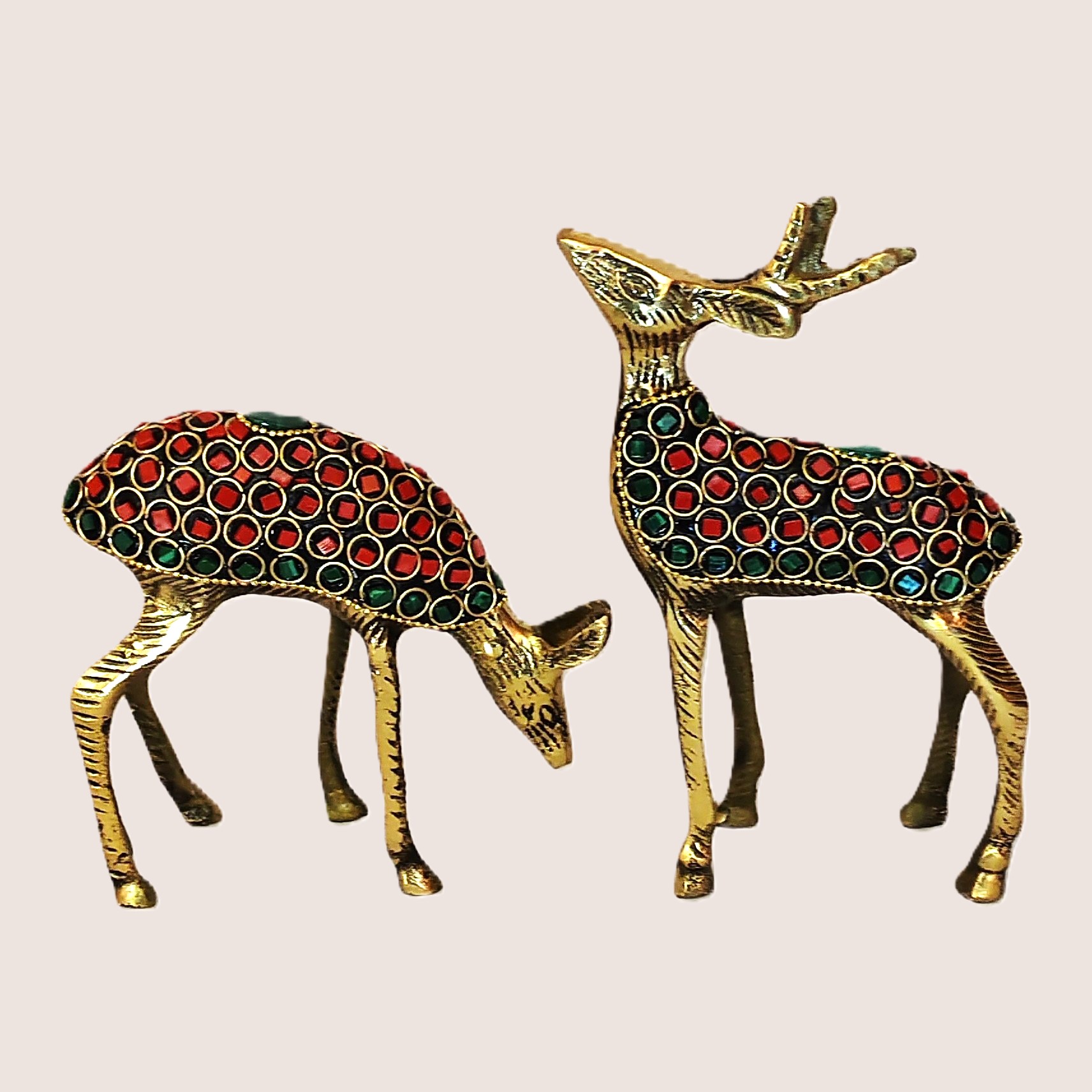 Handcrafted Brass Deer Pair with Red & Green Stone Inlay | Vastu Feng Shui Graceful Reindeer Showpiece Set for Home, Office Decor & Auspicious Gifting - Image 3