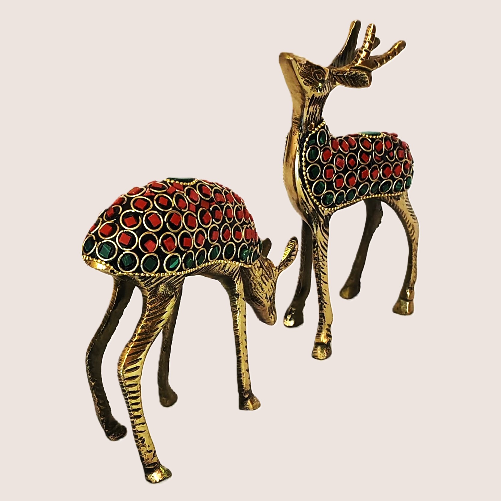 Handcrafted Brass Deer Pair with Red & Green Stone Inlay | Vastu Feng Shui Graceful Reindeer Showpiece Set for Home, Office Decor & Auspicious Gifting - Image 4