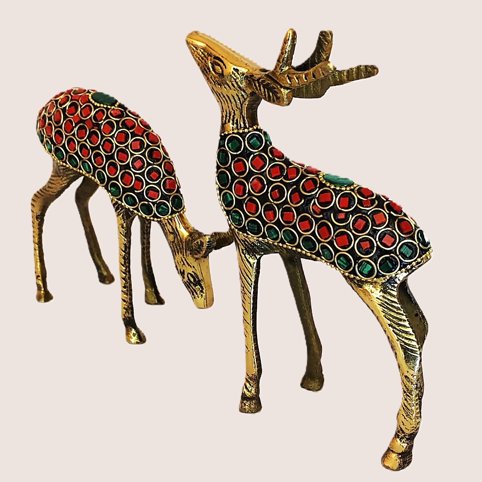 Handcrafted Brass Deer Pair with Red & Green Stone Inlay | Vastu Feng Shui Graceful Reindeer Showpiece Set for Home, Office Decor & Auspicious Gifting - Image 5