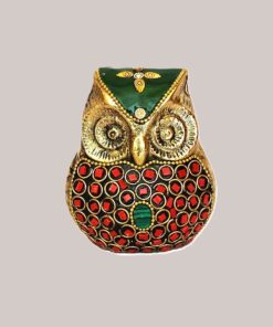 Handcrafted Brass Owl Figurine with Red & Green Stone Inlay | Vastu Feng Shui Wisdom Owl Statue for Home, Office, Study Decor & Auspicious Gifting