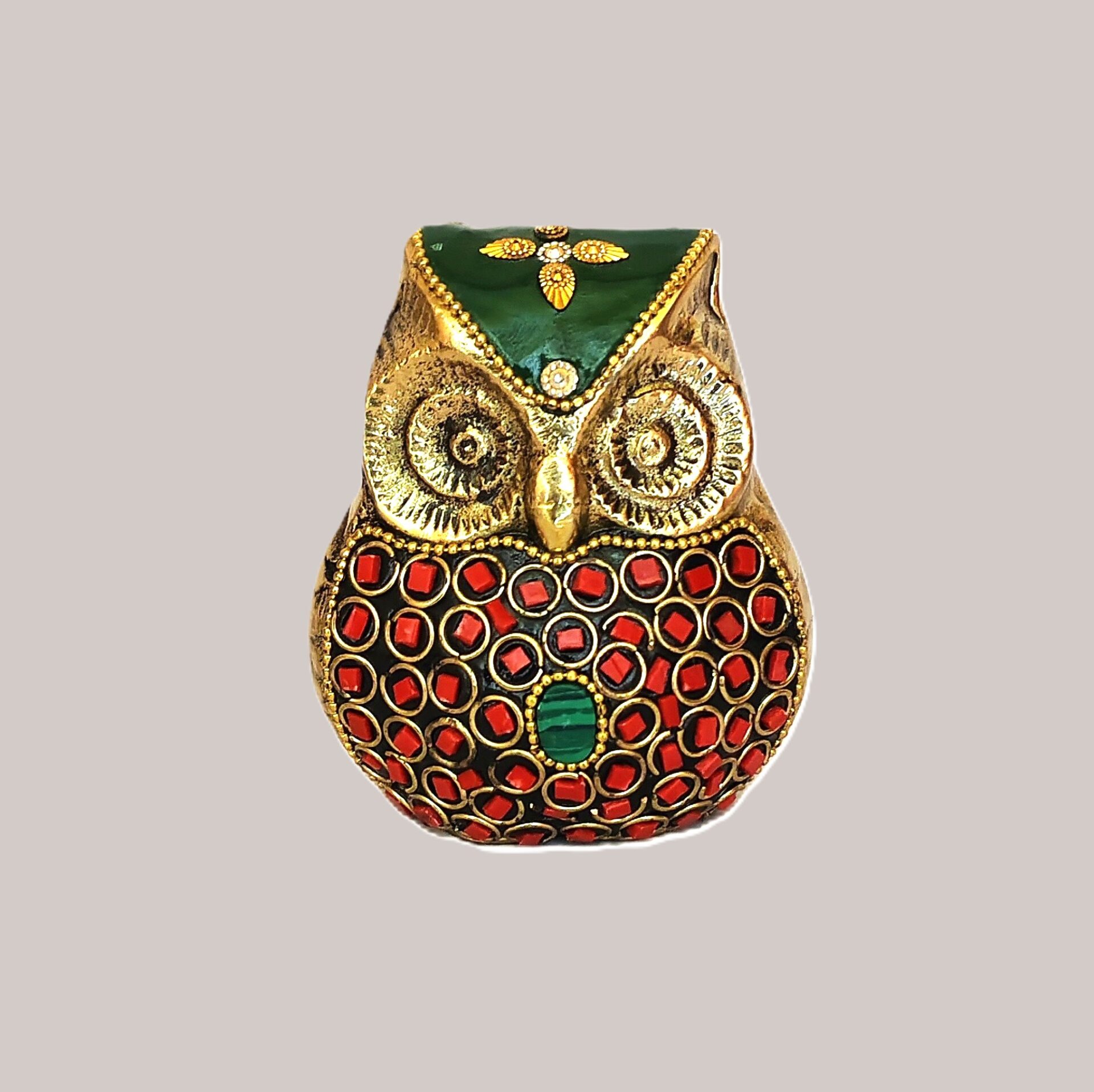 Handcrafted Brass Owl Figurine with Red & Green Stone Inlay | Vastu Feng Shui Wisdom Owl Statue for Home, Office, Study Decor & Auspicious Gifting