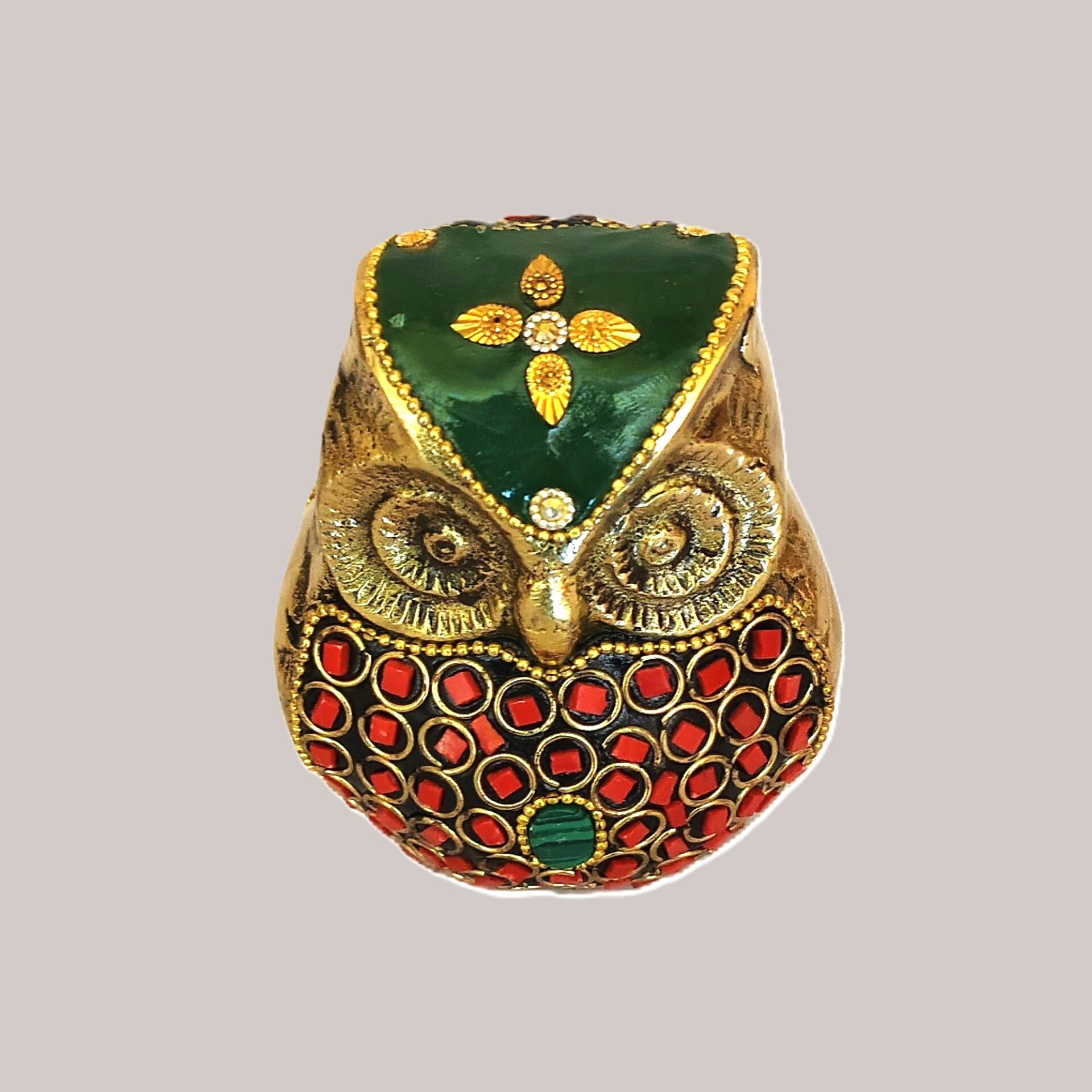 Handcrafted Brass Owl Figurine with Red & Green Stone Inlay | Vastu Feng Shui Wisdom Owl Statue for Home, Office, Study Decor & Auspicious Gifting - Image 2