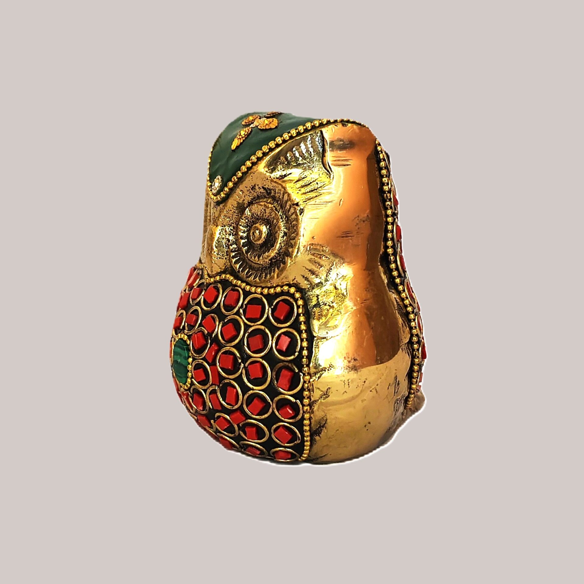 Handcrafted Brass Owl Figurine with Red & Green Stone Inlay | Vastu Feng Shui Wisdom Owl Statue for Home, Office, Study Decor & Auspicious Gifting - Image 3