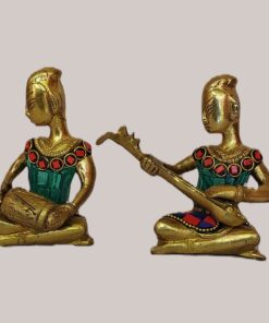 Handcrafted Brass Tribal Musician Figurine Set with Stone Inlay | Rajasthani Folk Art Showpiece Pair for Home, Office, Table Decor & Artistic Gifting