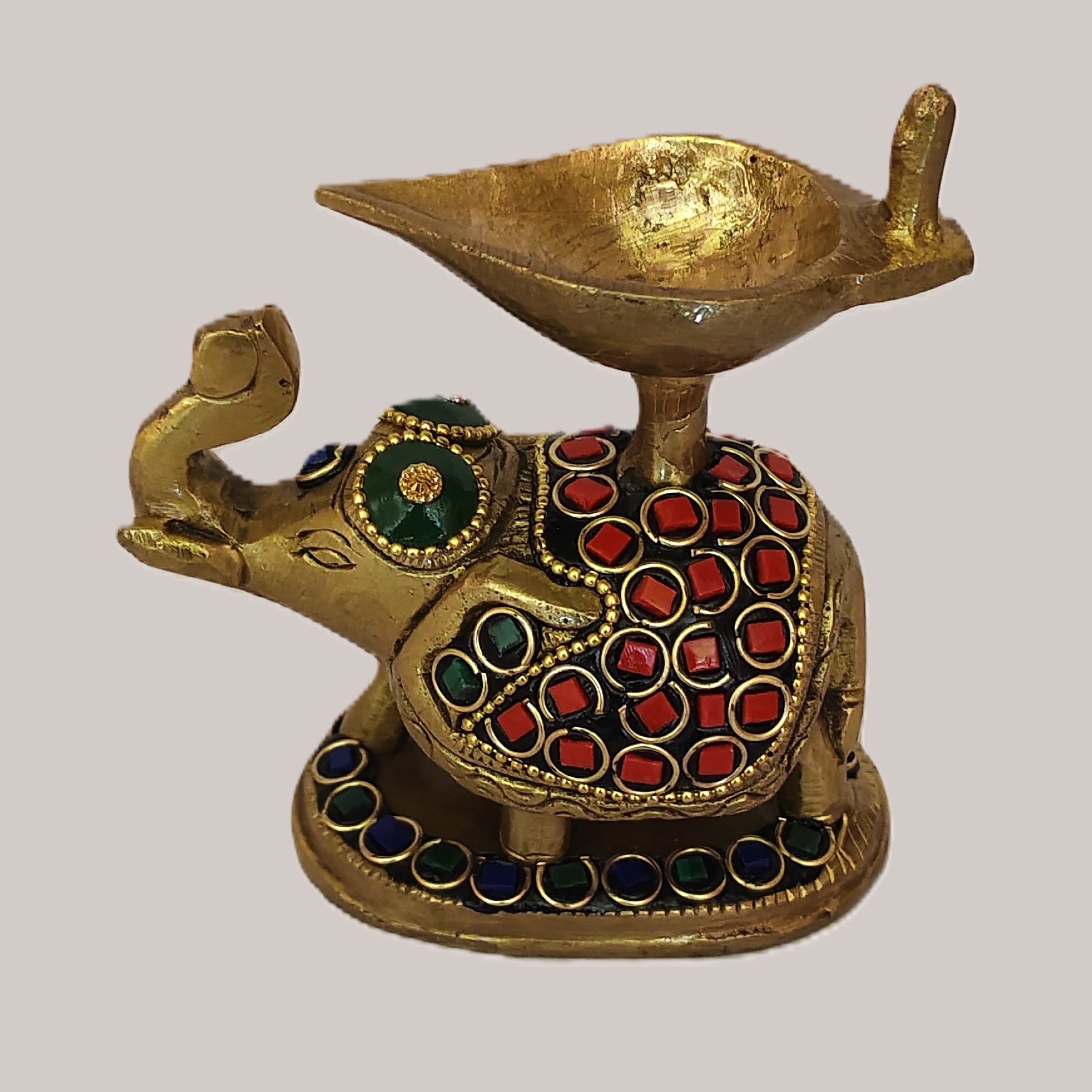 Handcrafted Brass Elephant Diya with Meenakari Stone Work | Vastu Gajanan Oil Lamp for Home Temple, Diwali Puja, Good Luck, Wisdom & Auspicious Decor Gifting - Image 2
