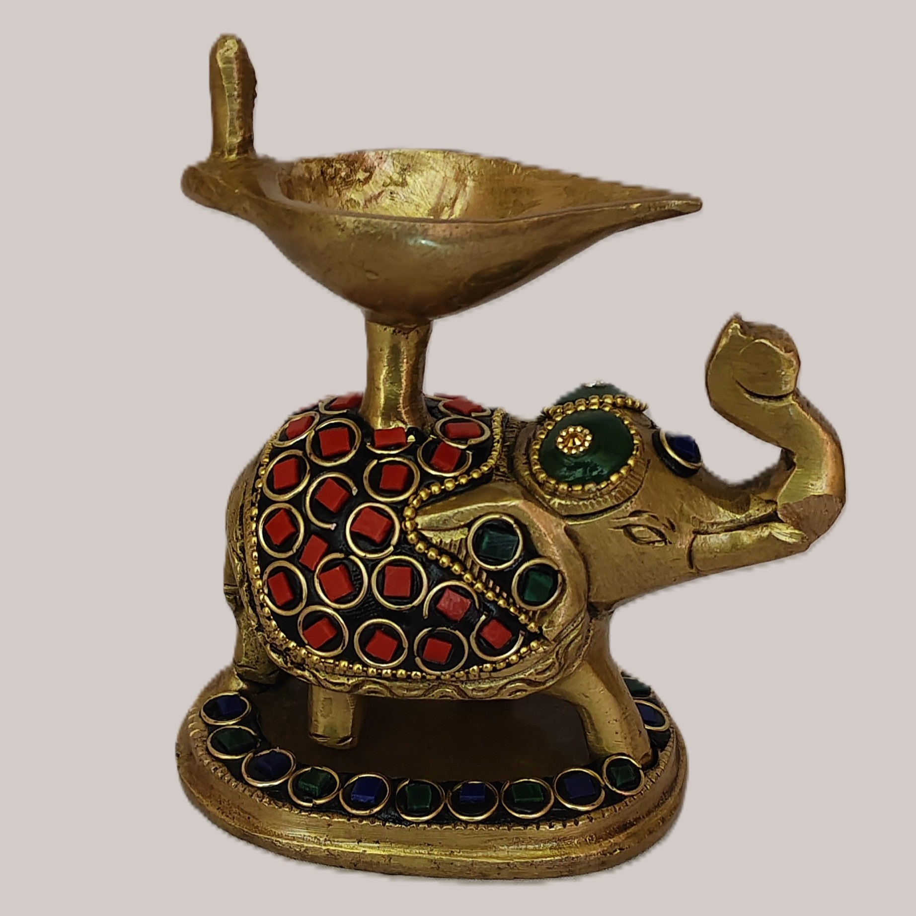 Handcrafted Brass Elephant Diya with Meenakari Stone Work | Vastu Gajanan Oil Lamp for Home Temple, Diwali Puja, Good Luck, Wisdom & Auspicious Decor Gifting - Image 3