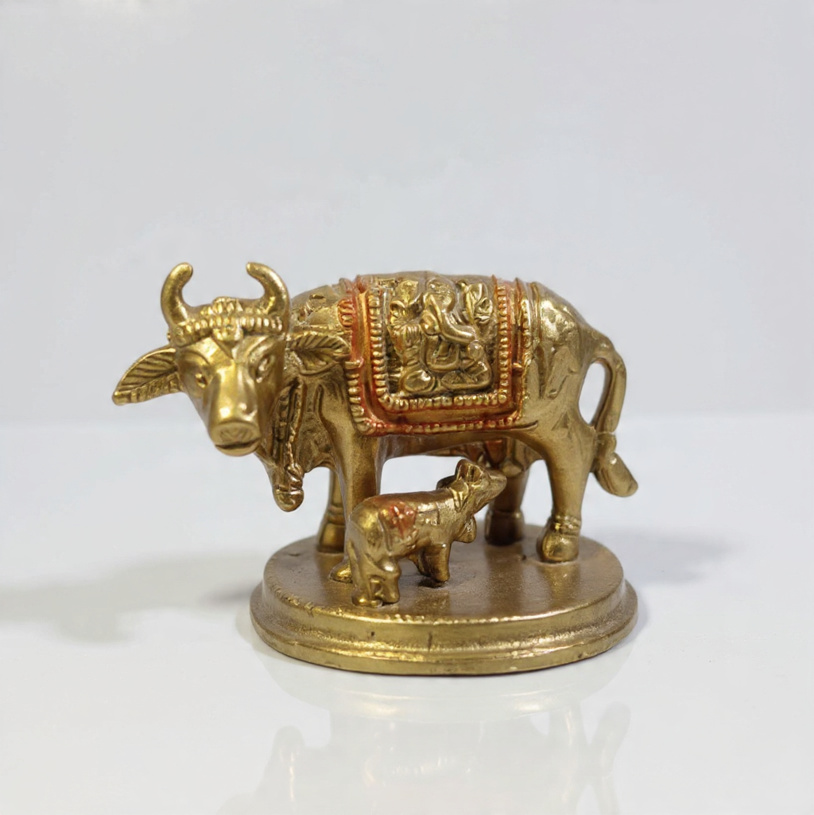 Handcrafted Kamdhenu Cow and Calf Idol | Available in Copper & Antique Finish | Vastu Gau Mata Murti for Home, Pooja Room & Auspicious Gifting