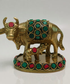 Handcrafted Brass Kamdhenu Cow and Calf Idol with Green & Red Stone Inlay | Vastu Gau Mata Murti for Home, Pooja Room, Office Decor & Auspicious Gift