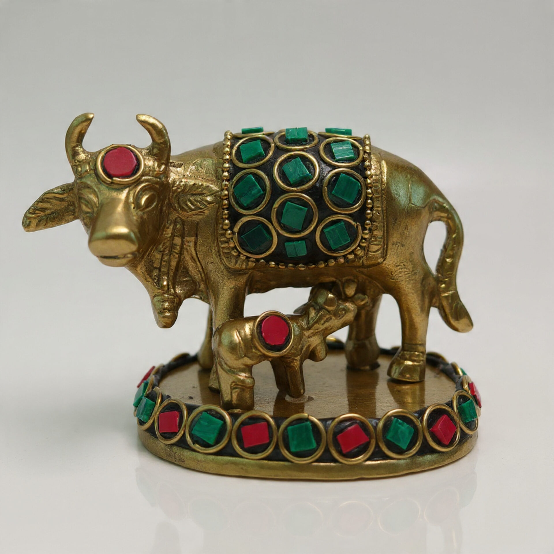 Handcrafted Brass Kamdhenu Cow and Calf Idol with Green & Red Stone Inlay | Vastu Gau Mata Murti for Home, Pooja Room, Office Decor & Auspicious Gift