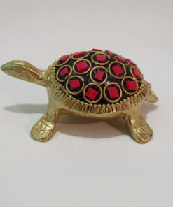 Handcrafted Brass Tortoise with Red Stone Inlay Work | Vastu & Feng Shui Good Luck Turtle Showpiece for Home, Office Decor & Auspicious Gift