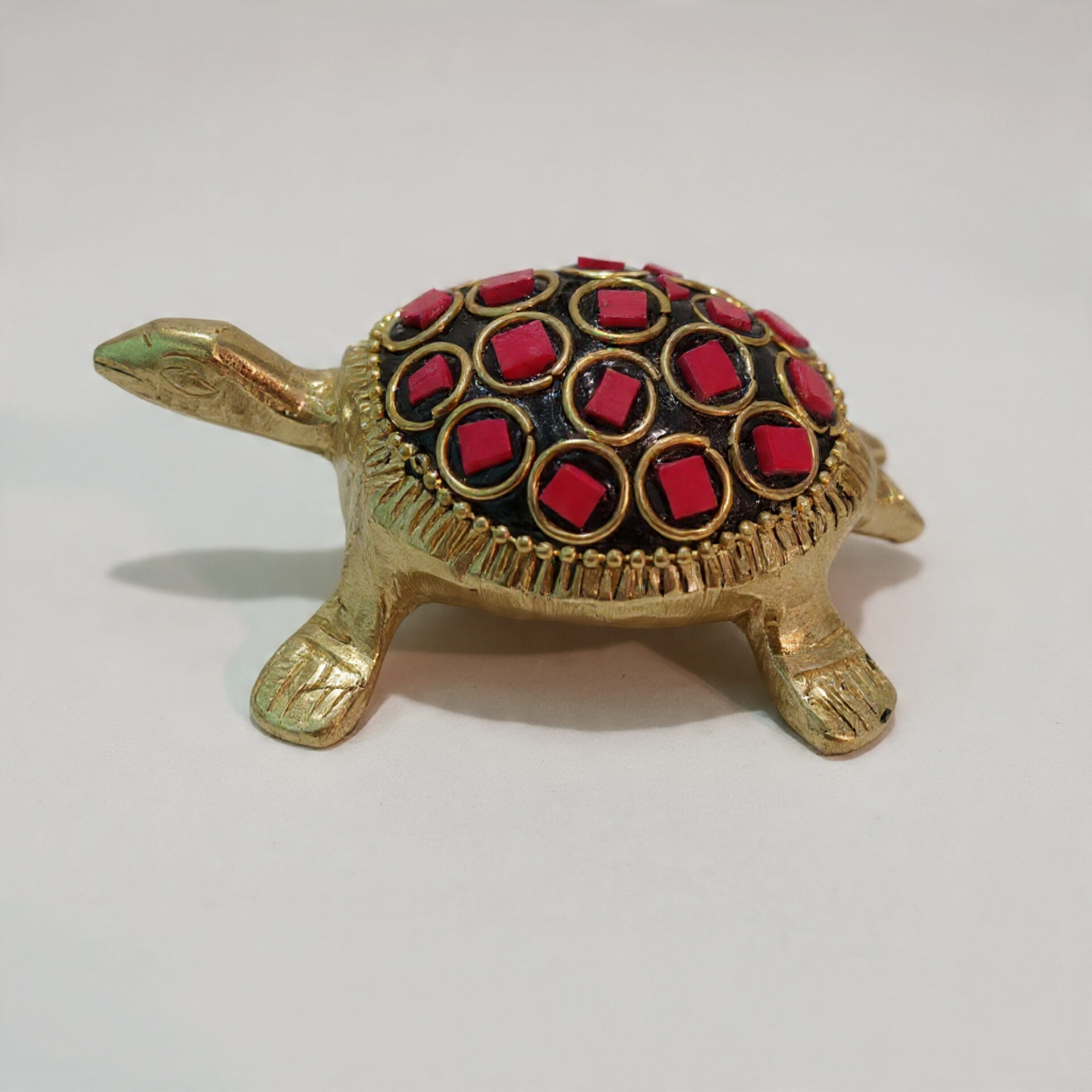 Handcrafted Brass Tortoise with Red Stone Inlay Work | Vastu & Feng Shui Good Luck Turtle Showpiece for Home, Office Decor & Auspicious Gift
