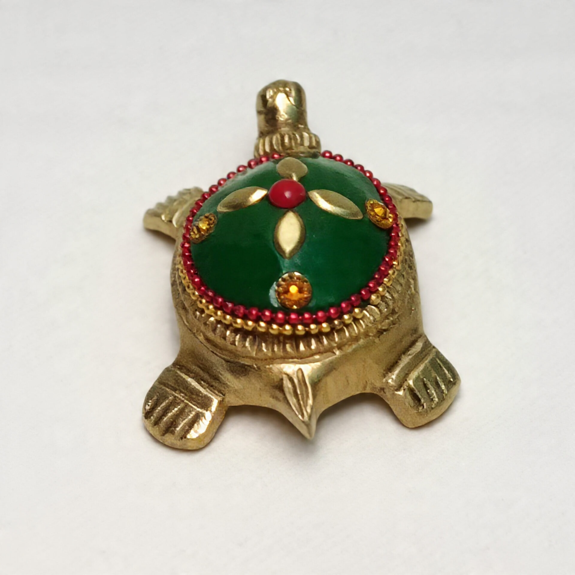 Handcrafted Brass Tortoise with Green Enamel & Red Stone Inlay | Vastu Feng Shui Good Luck Kachua Showpiece for Home, Office & Auspicious Gifting - Image 2
