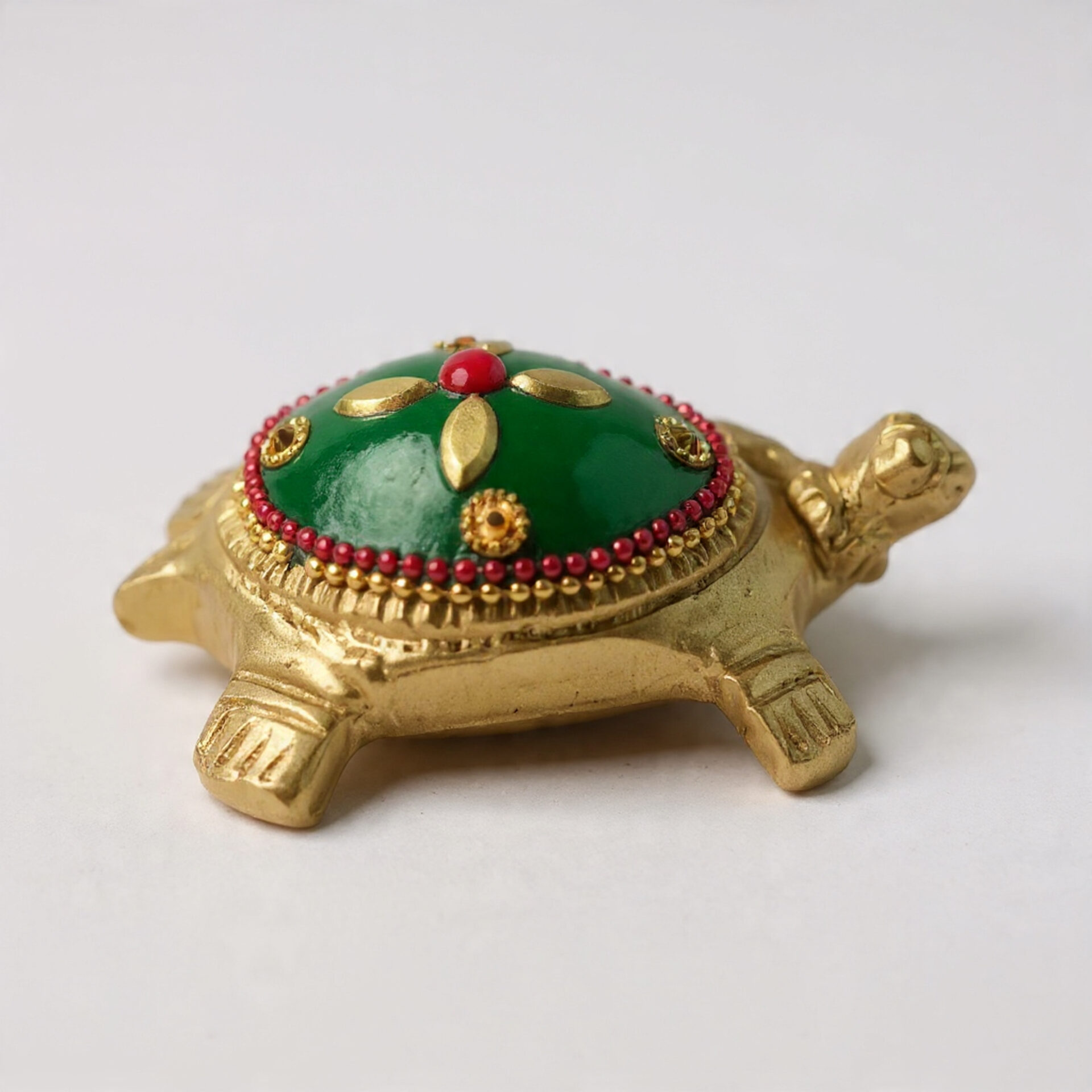 Handcrafted Brass Tortoise with Green Enamel & Red Stone Inlay | Vastu Feng Shui Good Luck Kachua Showpiece for Home, Office & Auspicious Gifting - Image 4