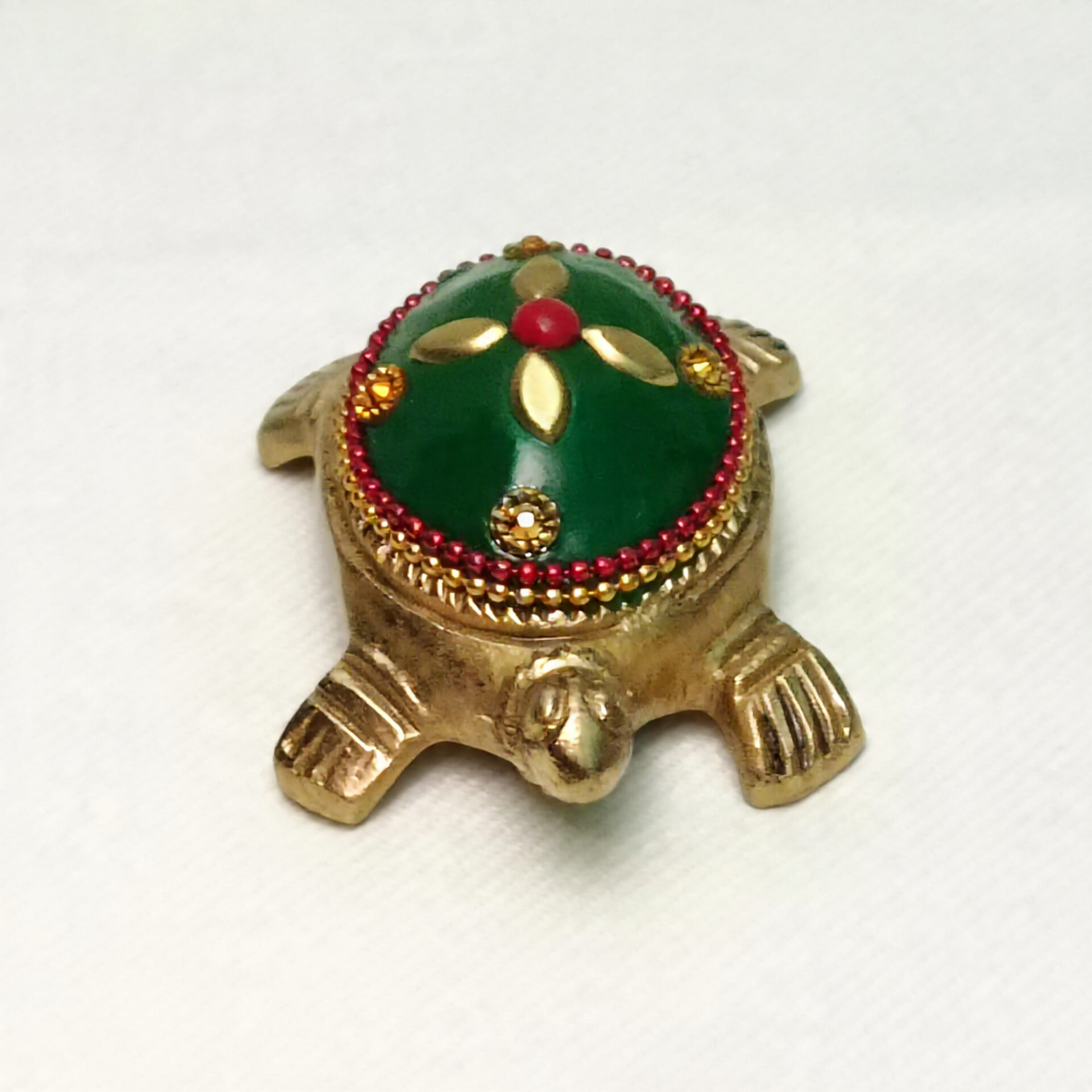 Handcrafted Brass Tortoise with Green Enamel & Red Stone Inlay | Vastu Feng Shui Good Luck Kachua Showpiece for Home, Office & Auspicious Gifting - Image 5
