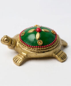 Handcrafted Brass Tortoise with Green Enamel & Red Stone Inlay | Vastu Feng Shui Good Luck Kachua Showpiece for Home, Office & Auspicious Gifting