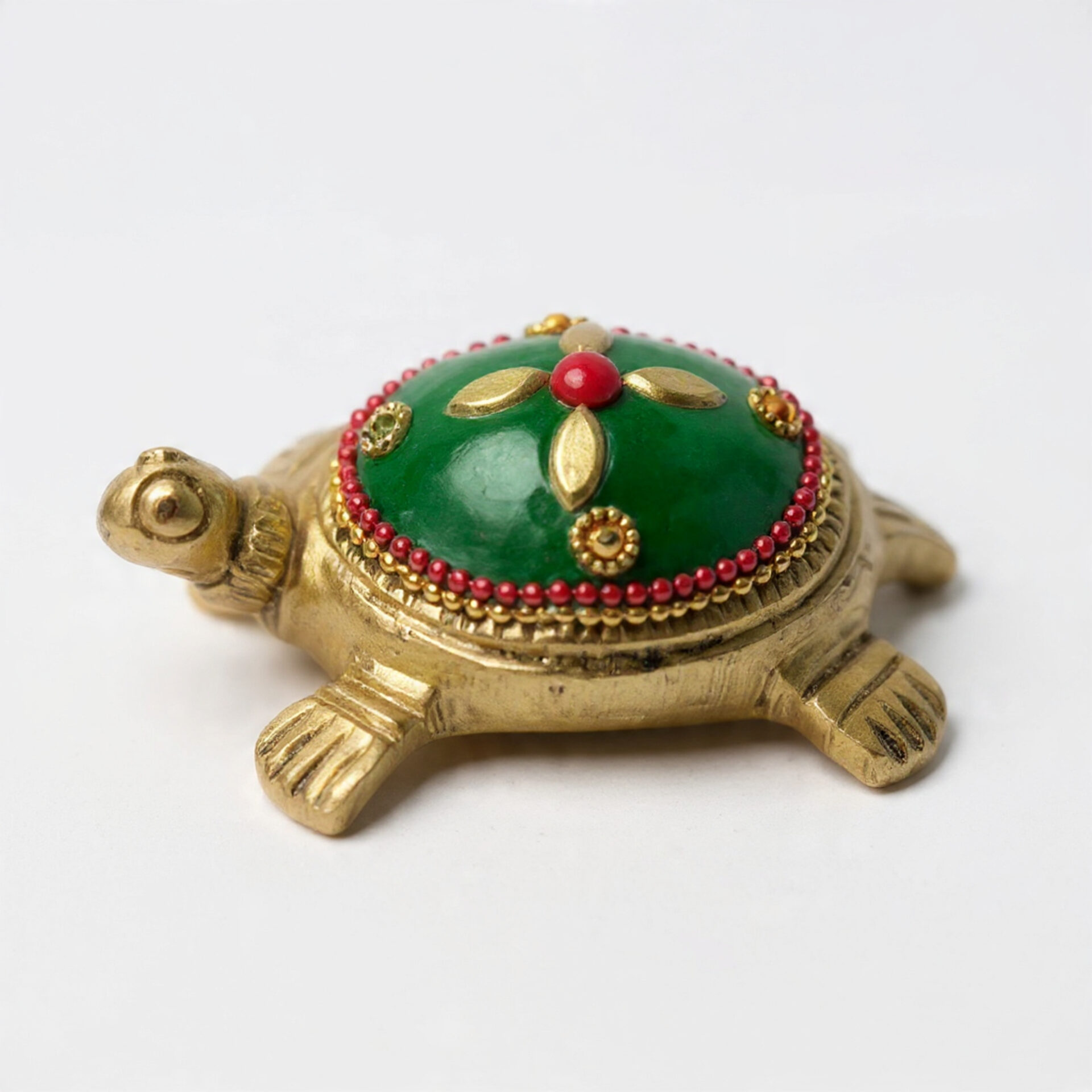 Handcrafted Brass Tortoise with Green Enamel & Red Stone Inlay | Vastu Feng Shui Good Luck Kachua Showpiece for Home, Office & Auspicious Gifting