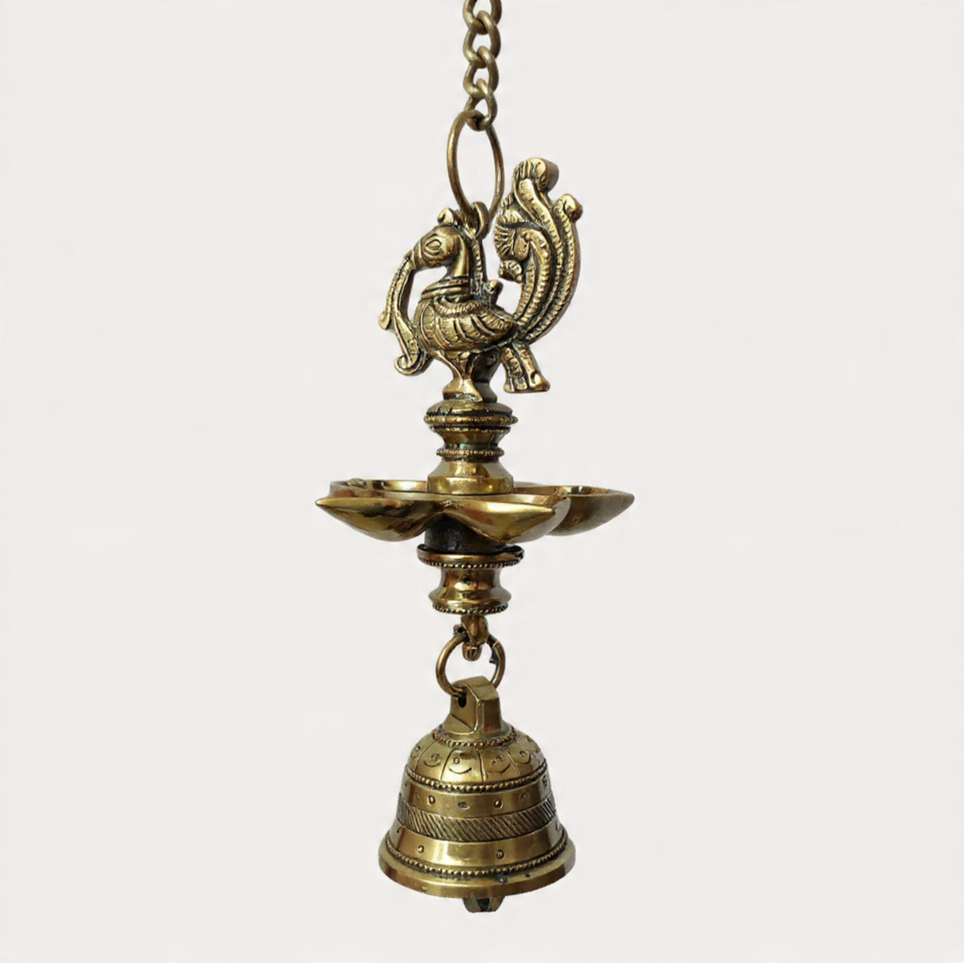 Handcrafted Brass Peacock Hanging Diya with Bell | Traditional South Indian Vilakku for Home Temple, Vastu Decor, Diwali & Festive Gifting - Image 2