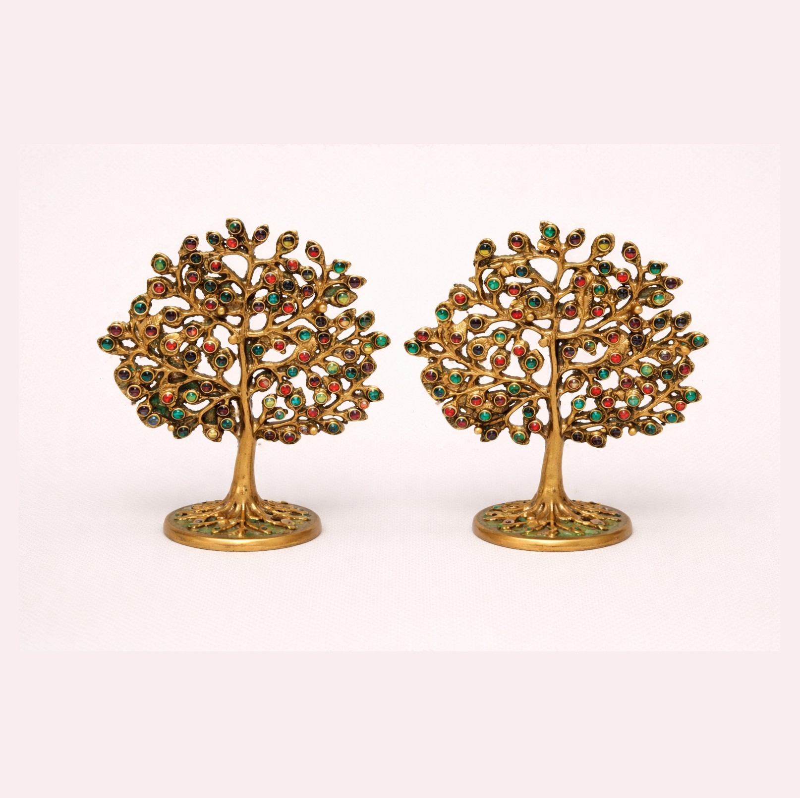 Handcrafted Brass Tree of Life Showpiece with Multicolor Stone Inlay | Available Single or Pair | Vastu Feng Shui Home Office Decor & Auspicious Gift
