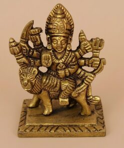 Handcrafted Small Brass Durga Maa Idol on Lion | Vastu Ashtabhuja Mahishasuramardini Devi Statue for Car Dashboard, Travel Puja, Protection & Navratri Gifting