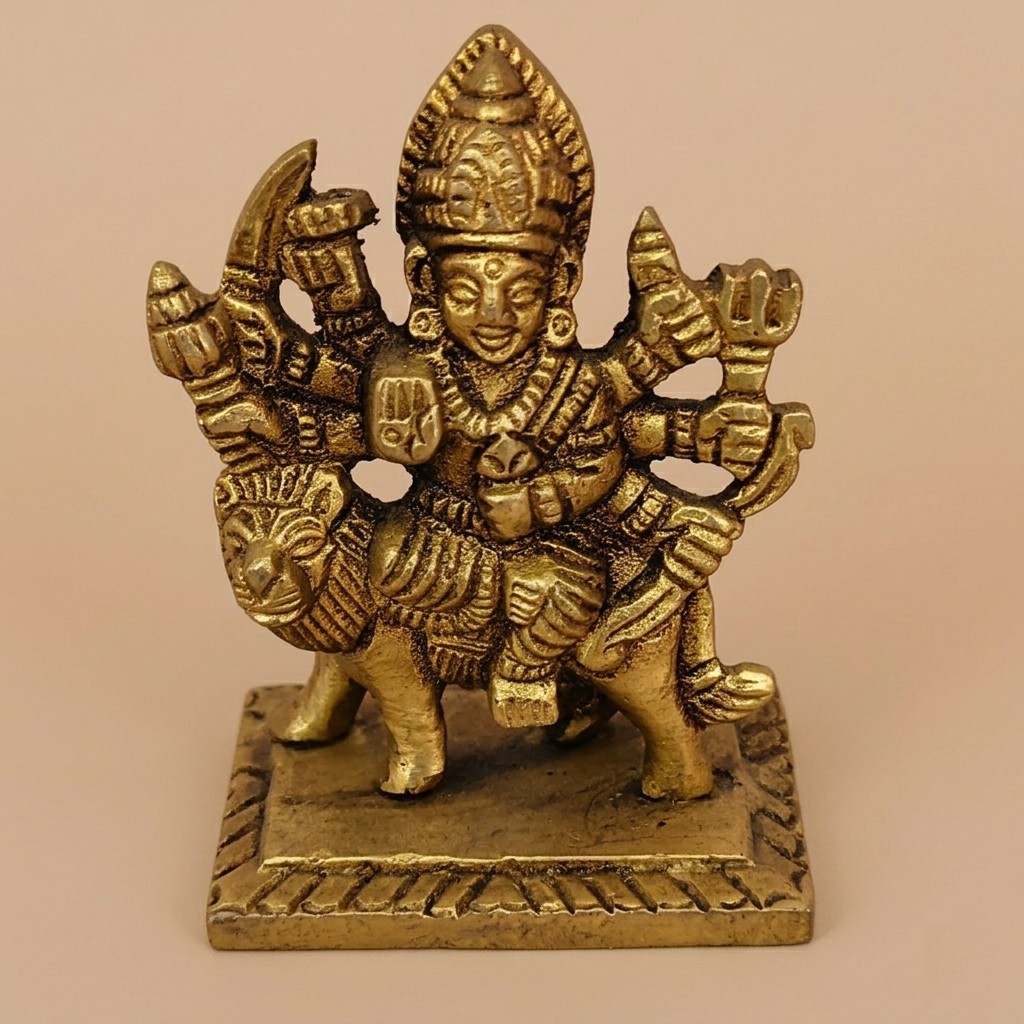 Handcrafted Small Brass Durga Maa Idol on Lion | Vastu Ashtabhuja Mahishasuramardini Devi Statue for Car Dashboard, Travel Puja, Protection & Navratri Gifting