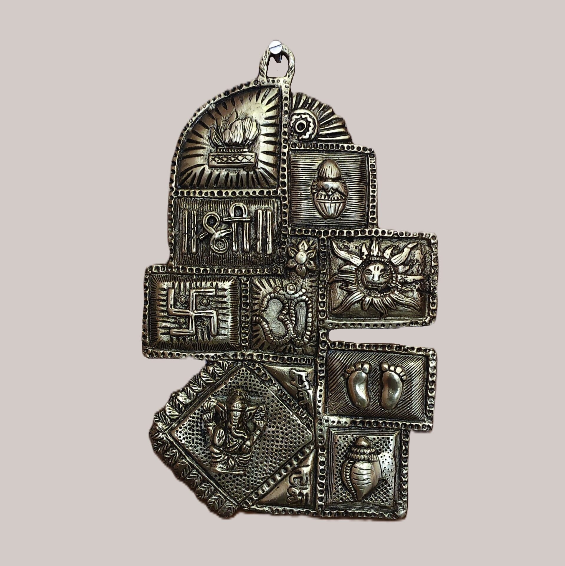 Handcrafted Brass Vastu Wall Hanging with Swastik, Om, Shree, Ganesh, Shankh, Kalash, Agni, Sun, Lotus & Charan Paduka | All-in-One Auspicious Decor - Image 2
