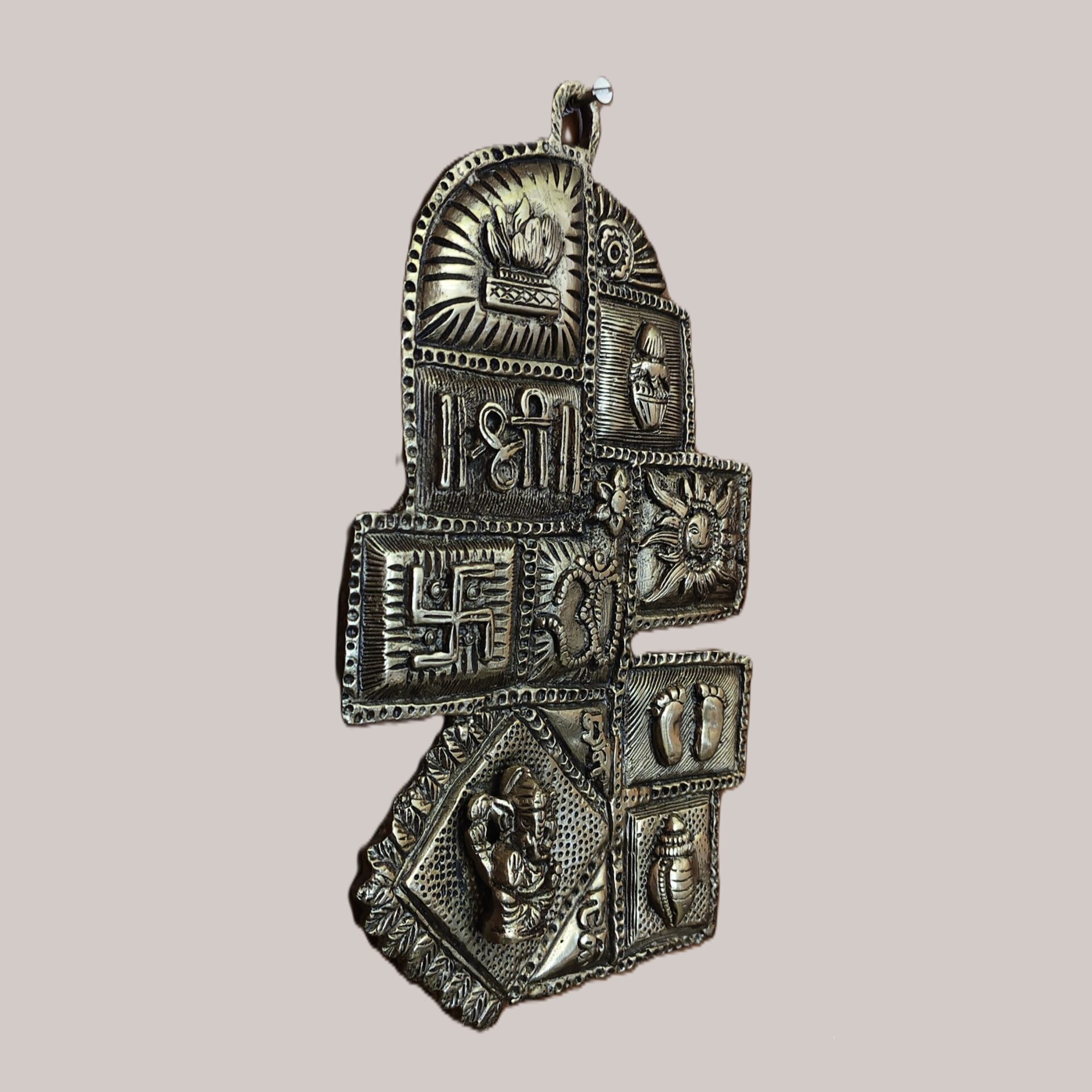 Handcrafted Brass Vastu Wall Hanging with Swastik, Om, Shree, Ganesh, Shankh, Kalash, Agni, Sun, Lotus & Charan Paduka | All-in-One Auspicious Decor - Image 4