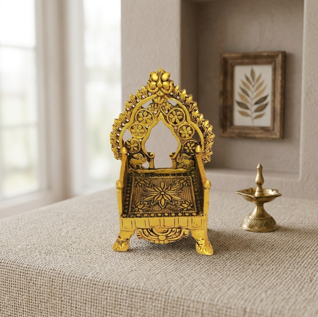 Brass Singhasan for Ladoo Gopal, Traditional Pooja Chowki Mandir Seat, Decorative Temple Throne, Metallic Finish
