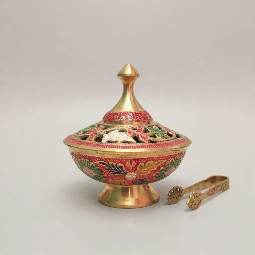 Home Purifying Colorful Brass Dhooni | Pure Brass Loban Dhooni | Intricate Floral Motif Engraving Dhoop Daan | for Home, Office, Puja | Diwali Festival Gift Showpiece