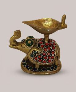 Handcrafted Brass Elephant Diya with Meenakari Stone Work | Vastu Gajanan Oil Lamp for Home Temple, Diwali Puja, Good Luck, Wisdom & Auspicious Decor Gifting
