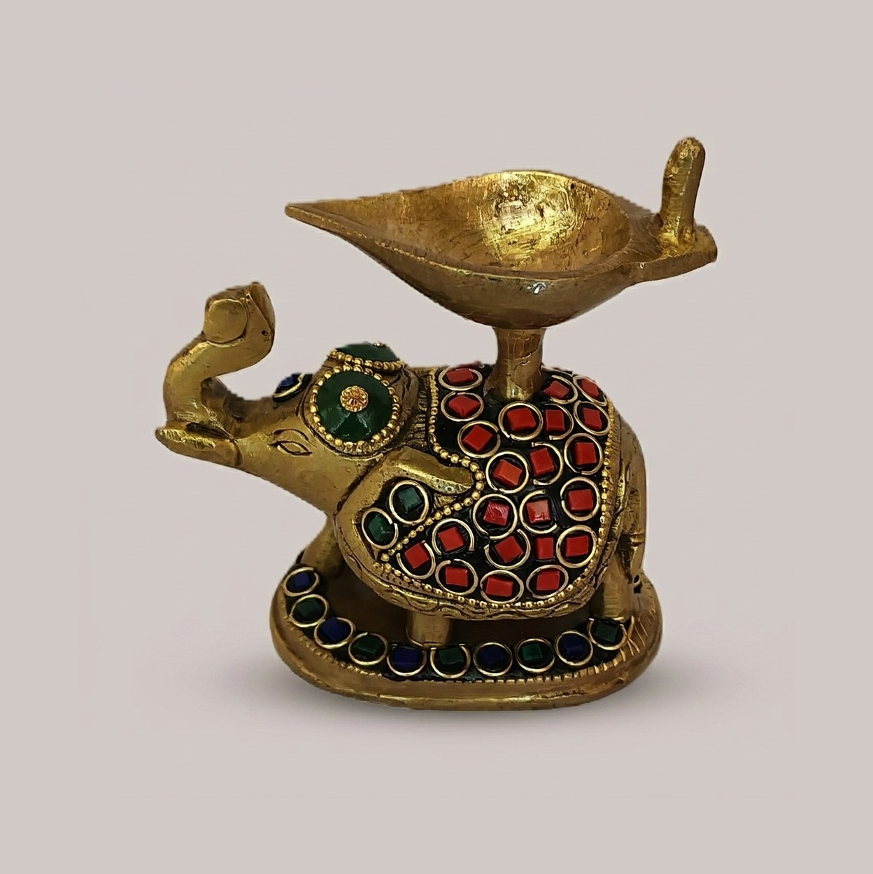 Handcrafted Brass Elephant Diya with Meenakari Stone Work | Vastu Gajanan Oil Lamp for Home Temple, Diwali Puja, Good Luck, Wisdom & Auspicious Decor Gifting