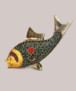 Pure Brass Fish Showpiece with Stone Work – Handcrafted Miniature Fish Figurine for Home Décor, Vastu Decoration, Office Table, Gift Item