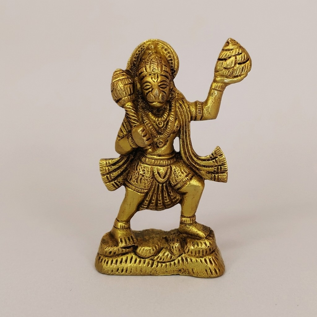 Lord Hanuman Lifting Mountain Brass Statue | Religious Murti for Temple, Office & Spiritual Décor