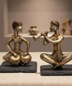 Handcrafted Brass Rajasthani Musician Figurines Set of 2 | Tabla & Shehnai Player Statues with Slate Base for Home Decor, Shelf & Festive Gifting