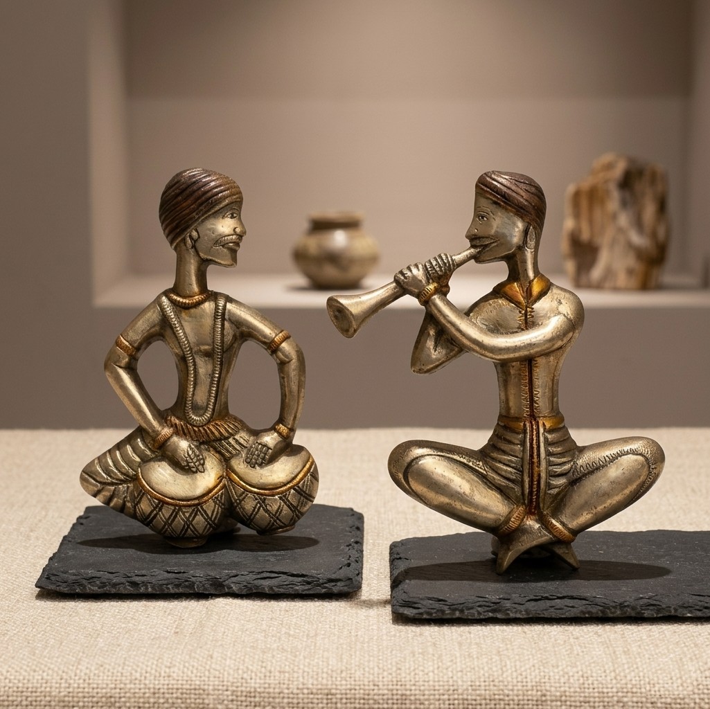 Handcrafted Brass Rajasthani Musician Figurines Set of 2 | Tabla & Shehnai Player Statues with Slate Base for Home Decor, Shelf & Festive Gifting