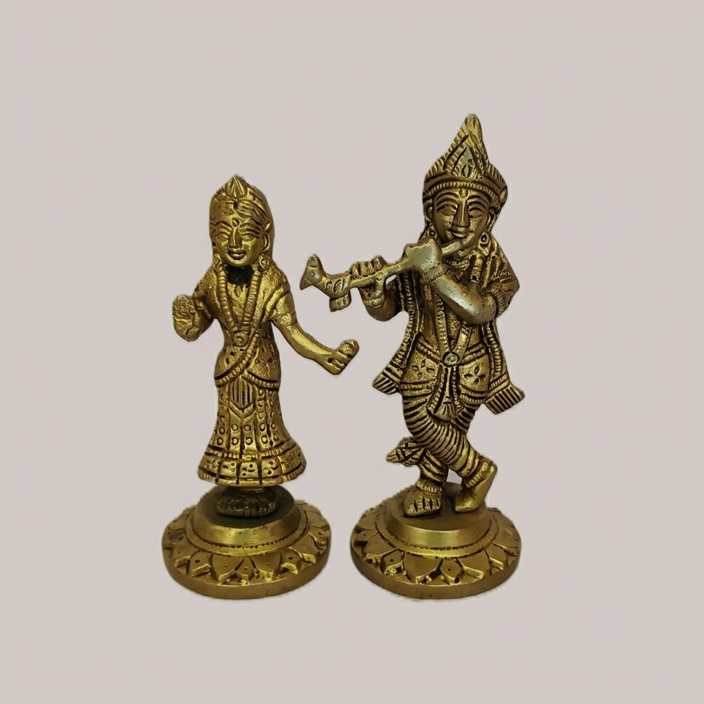 Radha Krishna Brass Idol Set | Radha Krishna Metal Statue | Gold Finish | Krishna Sculpture | for Home, Office, Puja | Religious Figurines | Decorative Murti Gift Showpiece