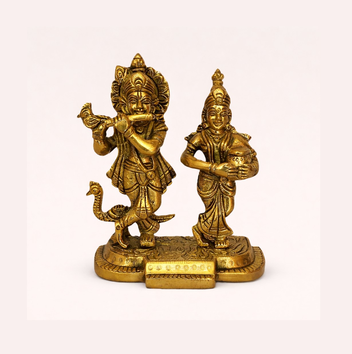 Handcrafted Brass Radha Krishna Idol with Peacock – Decorative Statue for Home, Temple, Pooja, Gift Item, Golden Finish