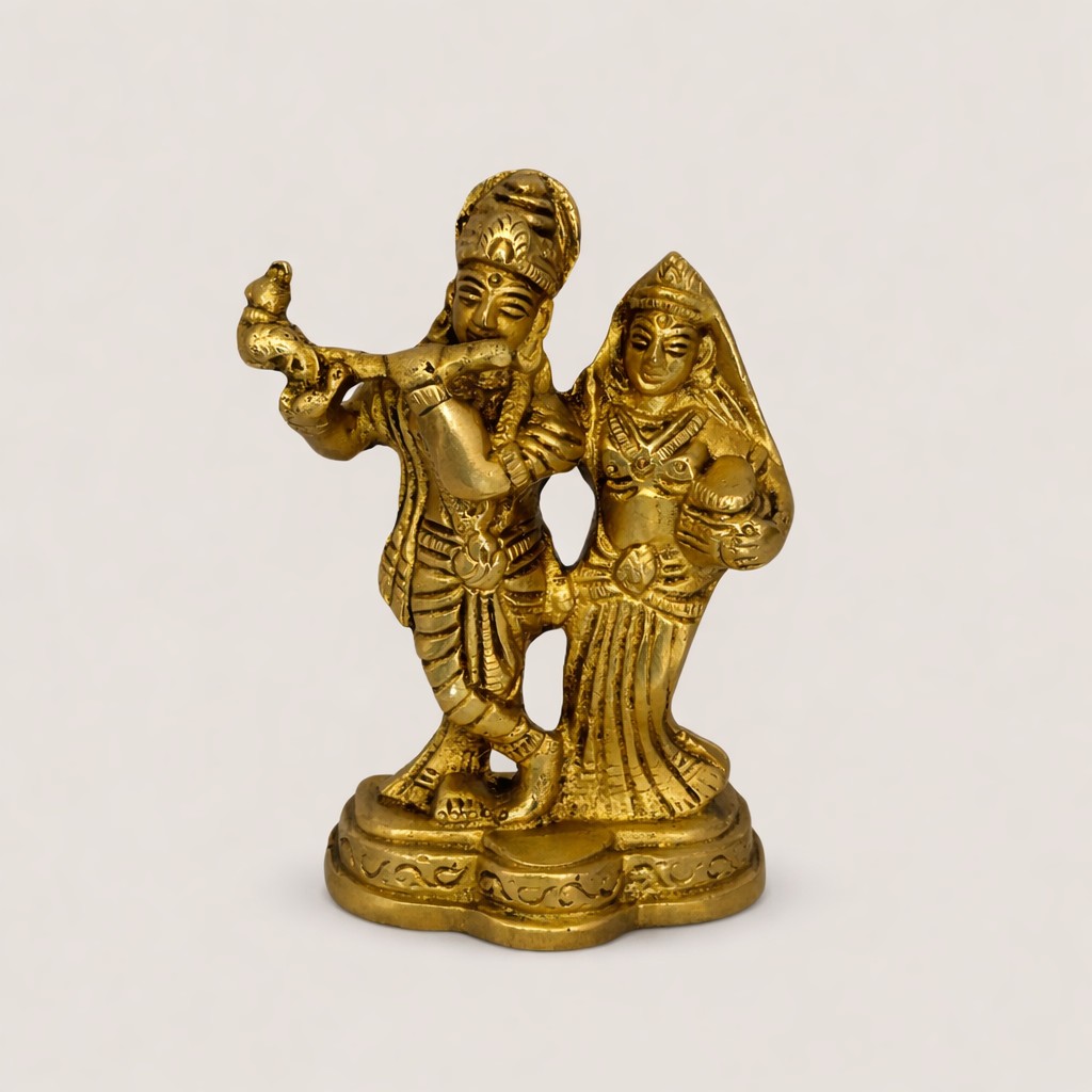 Handcrafted Brass Radha Krishna Idol – Compact Krishna Playing Flute with Radha Murti for Home Décor, Pooja Room, Gift & Spiritual Decoration