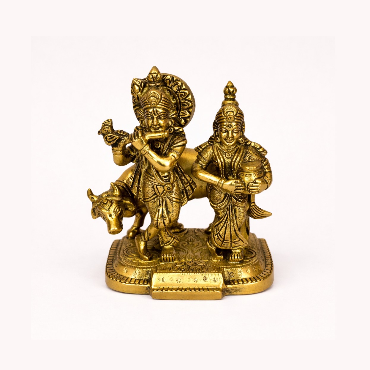 Handcrafted Brass Radha Krishna Idol with Cow – Decorative Statue for Home Temple, Pooja, Spiritual Decor & Gift Item (Golden Finish)