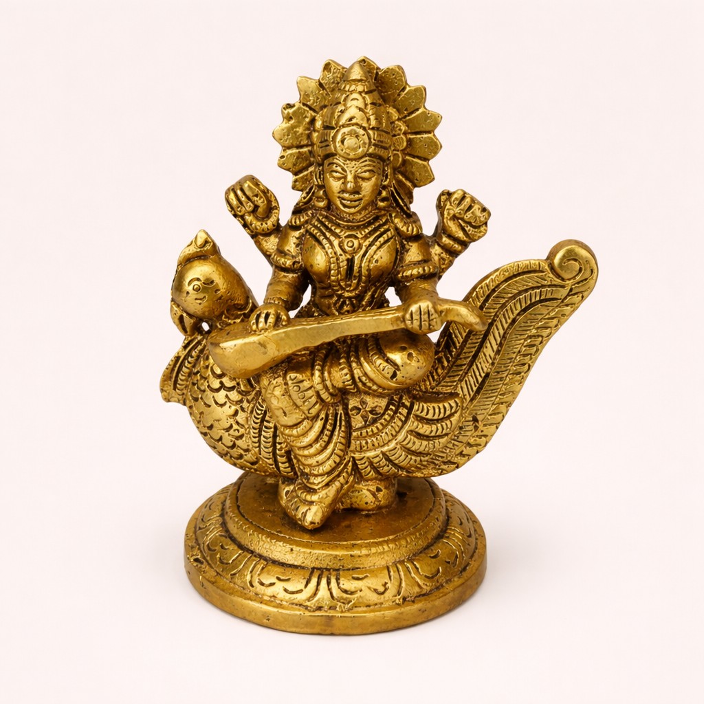 Handcrafted Brass Saraswati Idol on Swan | Vastu Goddess of Wisdom & Arts Murti for Home Temple, Study Room, Basant Panchami Puja & Academic Gifting - Image 5